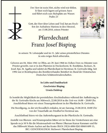 Anzeige von Franz Josef Bisping von Westfälische Nachrichten
