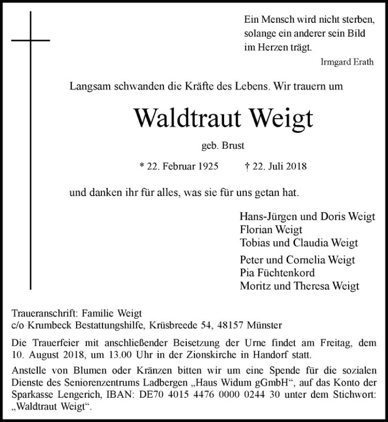  Traueranzeige für Waldtraut Weigt vom 04.08.2018 aus Westfälische Nachrichten