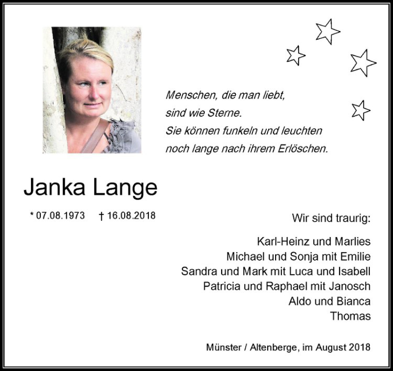  Traueranzeige für Janka Lange vom 25.08.2018 aus Westfälische Nachrichten