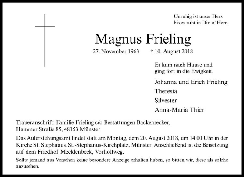  Traueranzeige für Magnus Frieling vom 15.08.2018 aus Westfälische Nachrichten