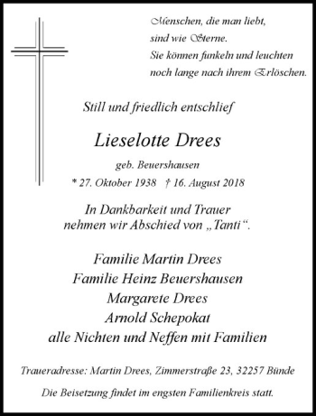 Anzeige von Lieselotte Drees von Westfälische Nachrichten