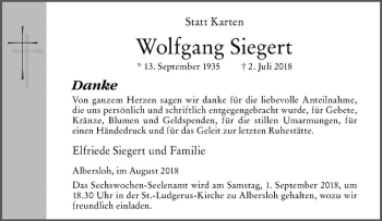 Anzeige von Wolfgang Siegert von Westfälische Nachrichten