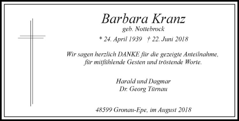  Traueranzeige für Barbara Kranz vom 04.08.2018 aus Westfälische Nachrichten