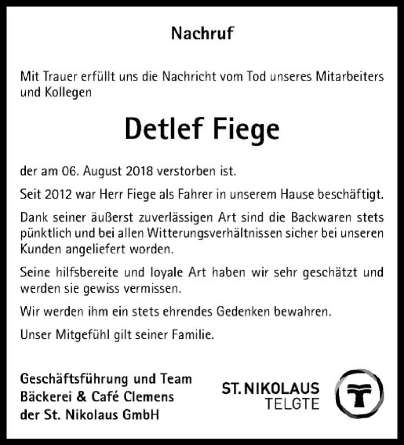  Traueranzeige für Detlef Fiege vom 22.08.2018 aus Westfälische Nachrichten