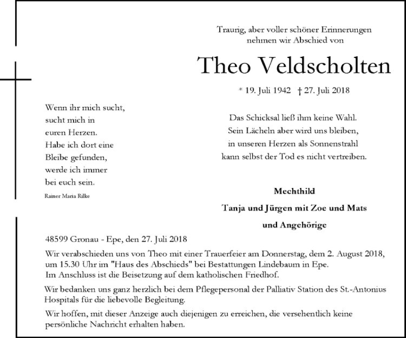 Traueranzeige für Theo Veldscholten vom 01.08.2018 aus Westfälische Nachrichten