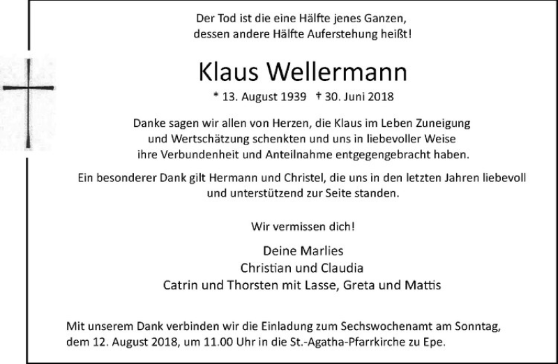  Traueranzeige für Klaus Wellermann vom 06.08.2018 aus Westfälische Nachrichten