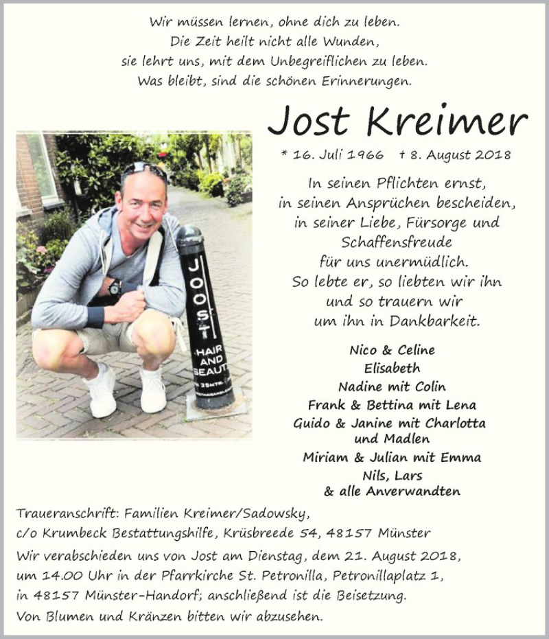  Traueranzeige für Jost Kreimer vom 18.08.2018 aus Westfälische Nachrichten