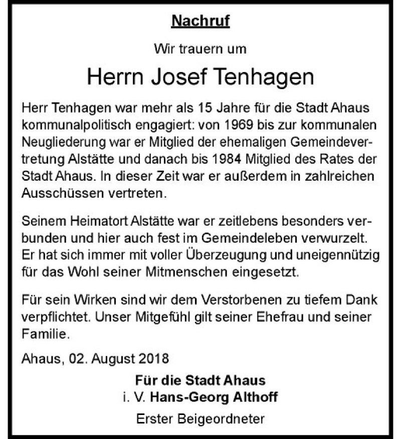  Traueranzeige für Josef Tenhagen vom 03.08.2018 aus Westfälische Nachrichten