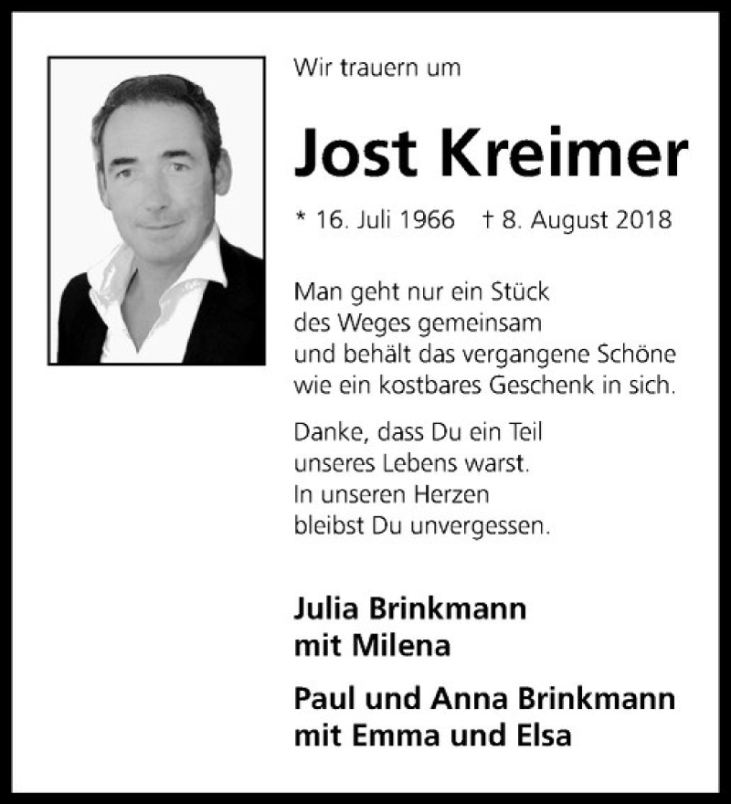  Traueranzeige für Jost Kreimer vom 18.08.2018 aus Westfälische Nachrichten