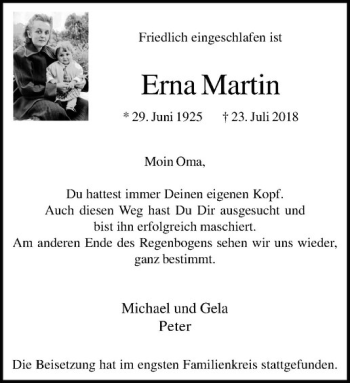 Anzeige von Erna Martin von Westfälische Nachrichten