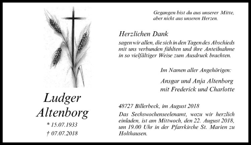  Traueranzeige für Ludger Altenborg vom 18.08.2018 aus Westfälische Nachrichten