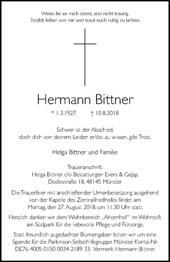 Anzeige von Hermann Bittner von Westfälische Nachrichten