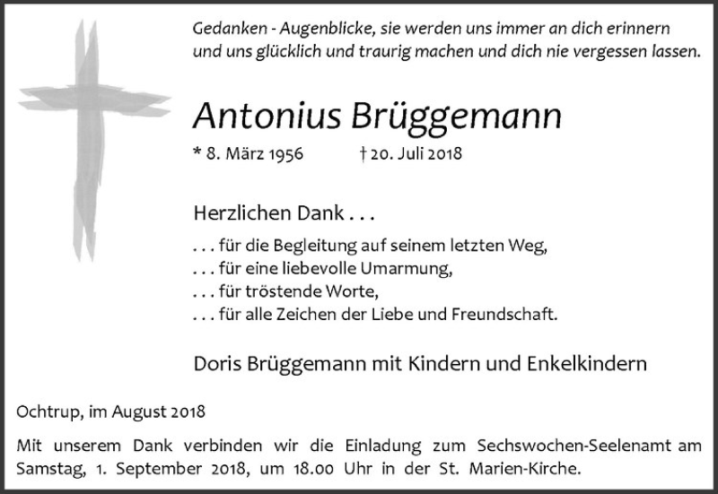  Traueranzeige für Antonius Brüggemann vom 29.08.2018 aus Westfälische Nachrichten