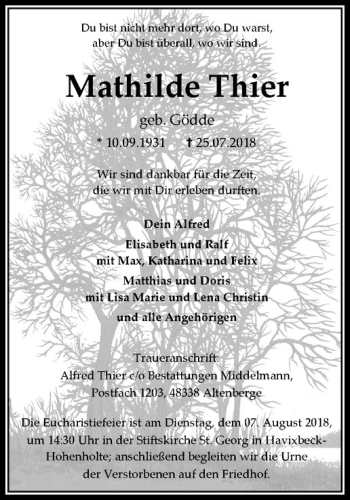 Anzeige von Mathilde Thier von Westfälische Nachrichten