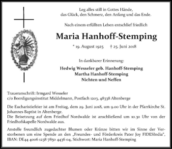 Anzeige von Maria Hanhoff-Stemping von Westfälische Nachrichten