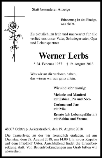 Anzeige von Werner Lerbs von Westfälische Nachrichten
