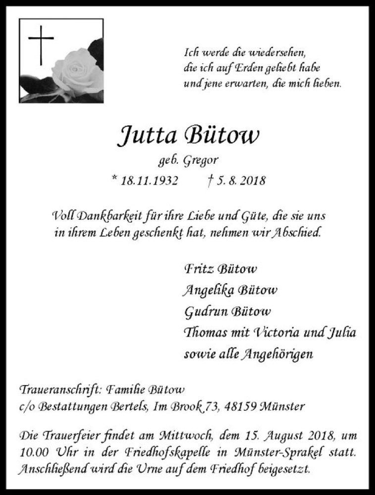  Traueranzeige für Jutta Bütow vom 11.08.2018 aus Westfälische Nachrichten