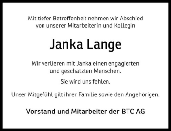 Anzeige von Janka Lange von Westfälische Nachrichten