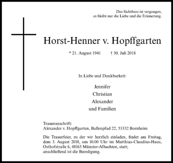 Anzeige von Horst-Henner v. Hopffgarten von Westfälische Nachrichten