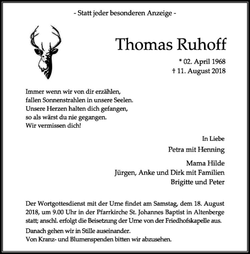  Traueranzeige für Thomas Ruhoff vom 15.08.2018 aus Westfälische Nachrichten