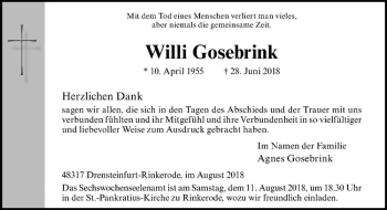 Anzeige von Willi Gosebrink von Westfälische Nachrichten
