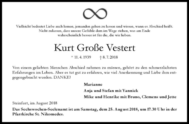  Traueranzeige für Kurt Große Vestert vom 18.08.2018 aus Westfälische Nachrichten