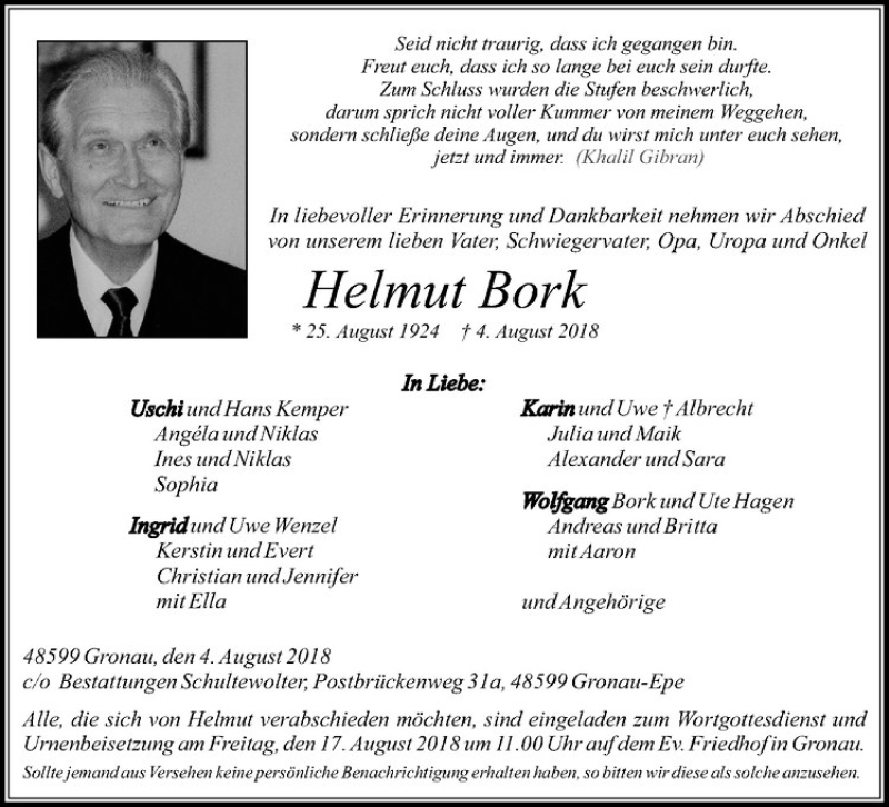  Traueranzeige für Helmut Bork vom 11.08.2018 aus Westfälische Nachrichten