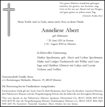 Anzeige von Anneliese Abert von Westfälische Nachrichten
