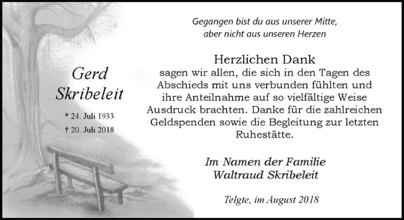  Traueranzeige für Gerd Skribeleit vom 29.08.2018 aus Westfälische Nachrichten