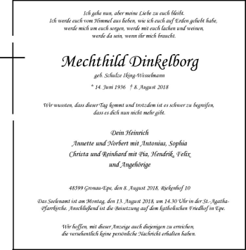 Anzeige von Mechthild Dinkelborg von Westfälische Nachrichten