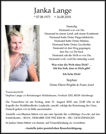 Anzeige von Janka Lange von Westfälische Nachrichten