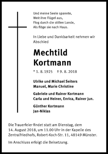 Anzeige von Mechtild Kortmann von Westfälische Nachrichten