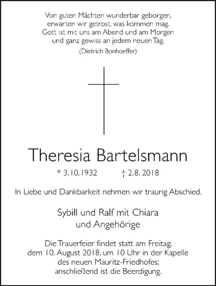  Traueranzeige für Theresia Bartelsmann vom 06.08.2018 aus Westfälische Nachrichten