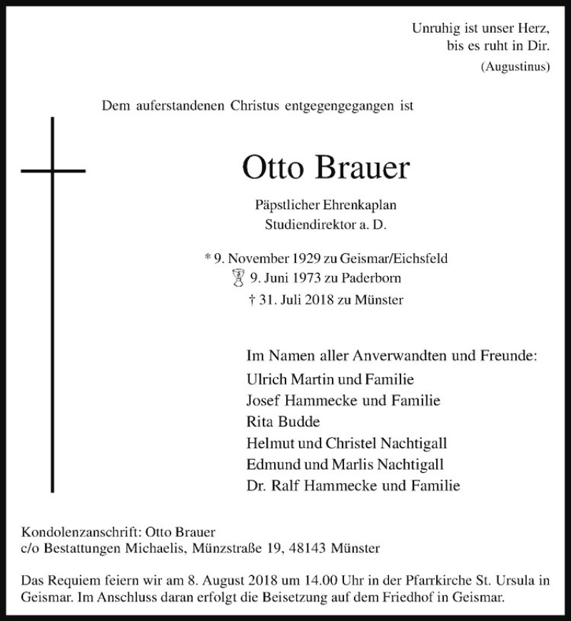  Traueranzeige für Otto Brauer vom 02.08.2018 aus Westfälische Nachrichten