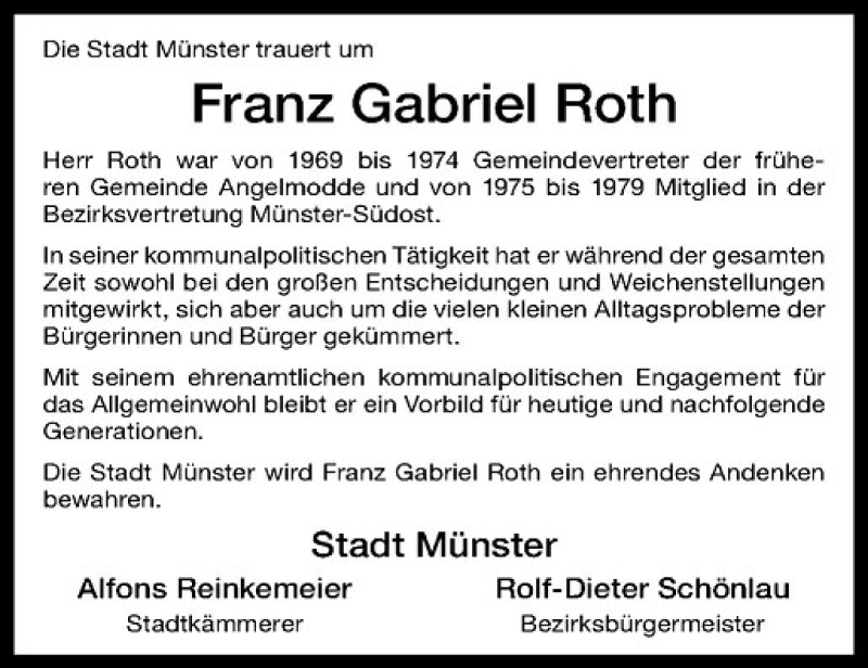  Traueranzeige für Franz Gabriel Roth vom 04.08.2018 aus Westfälische Nachrichten