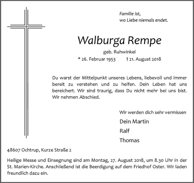  Traueranzeige für Walburga Rempe vom 24.08.2018 aus Westfälische Nachrichten