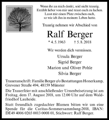 Anzeige von Ralf Berger von Westfälische Nachrichten