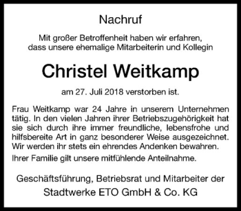 Anzeige von Christel Weitkamp von Westfälische Nachrichten