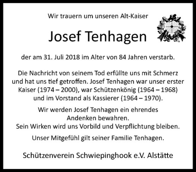  Traueranzeige für Josef Tenhagen vom 03.08.2018 aus Westfälische Nachrichten