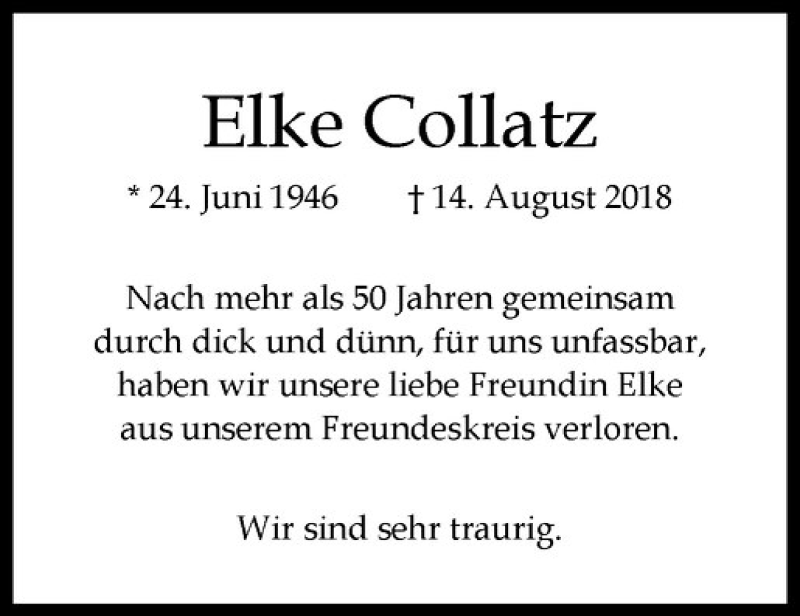  Traueranzeige für Elke Collatz vom 18.08.2018 aus Westfälische Nachrichten