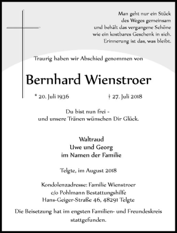 Anzeige von Bernhard Wienstroer von Westfälische Nachrichten