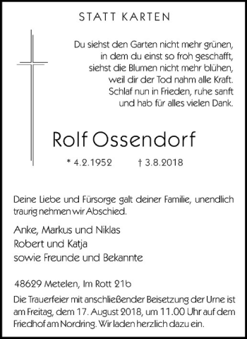 Anzeige von Rolf Ossendorf von Westfälische Nachrichten