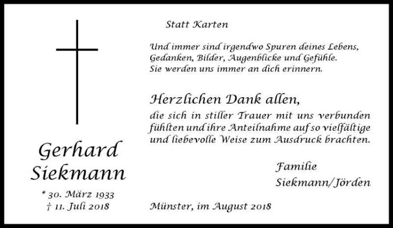  Traueranzeige für Gerhard Siekmann vom 04.08.2018 aus Westfälische Nachrichten