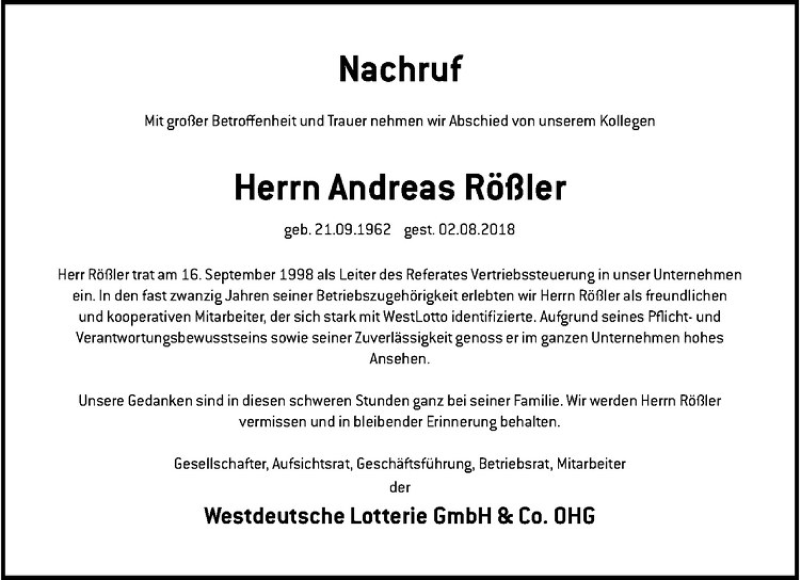 Traueranzeige für Andreas Rößler vom 16.08.2018 aus Westfälische Nachrichten