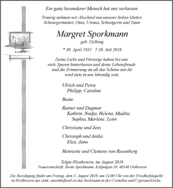 Anzeige von Margret Sporkmann von Westfälische Nachrichten