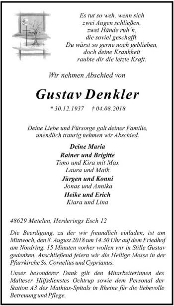 Anzeige von Gustav Denkler von Westfälische Nachrichten