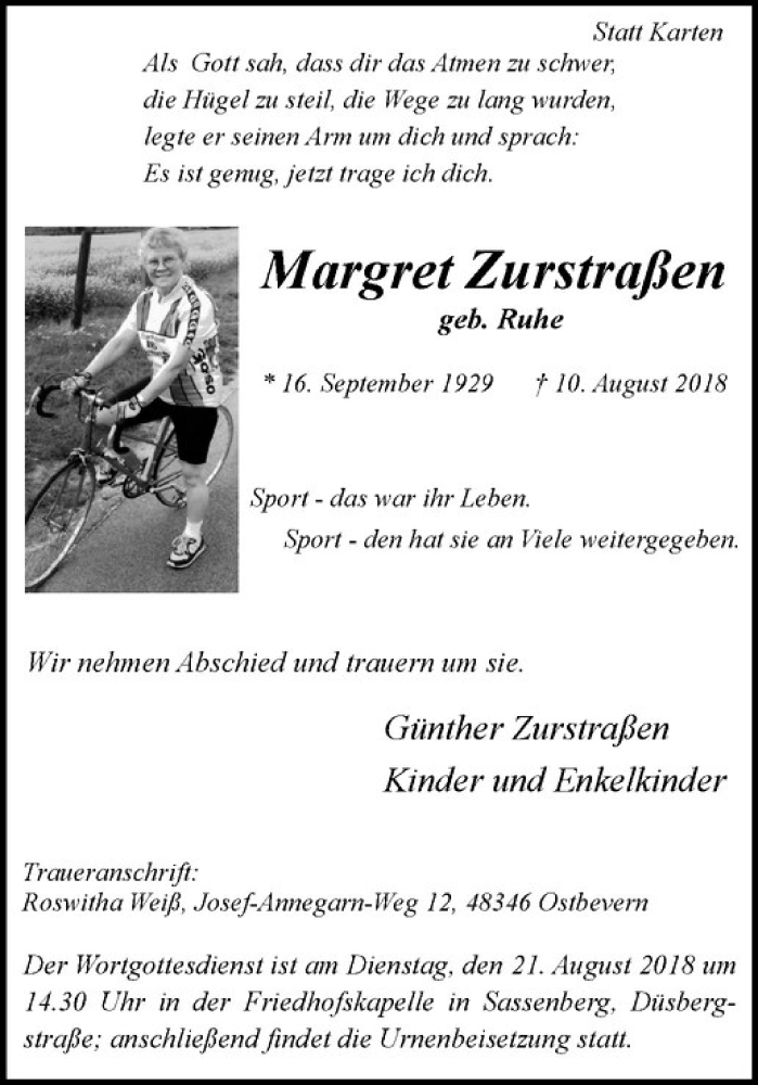  Traueranzeige für Margret Zurstraßen vom 15.08.2018 aus Westfälische Nachrichten