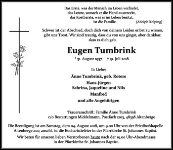 Anzeige von Eugen Tumbrink von Westfälische Nachrichten