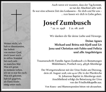 Anzeige von Josef Zumbusch von Westfälische Nachrichten