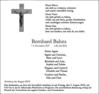 Anzeige von Bernhard Bahns von Westfälische Nachrichten